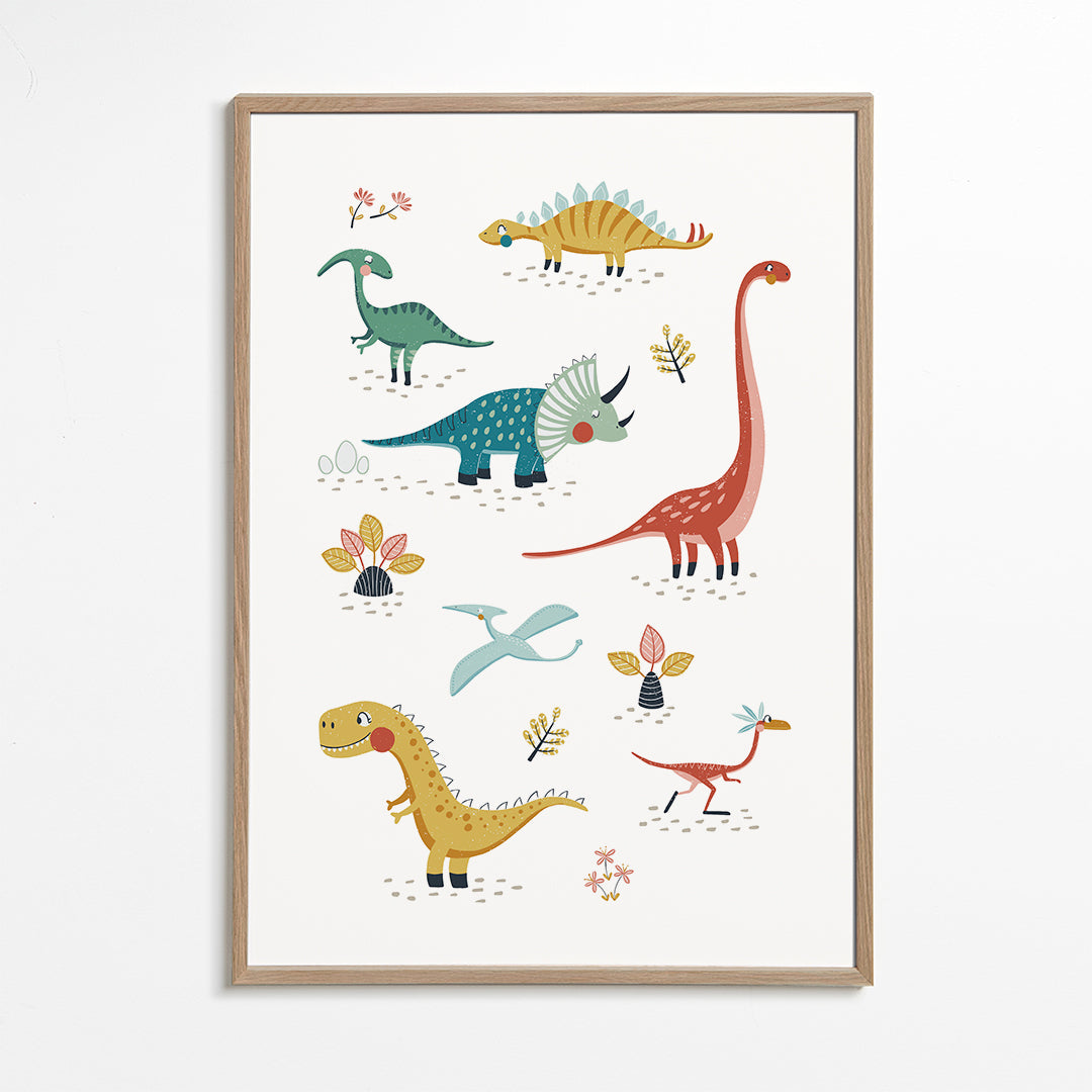 Børneplakat med legesyge dinosaurer