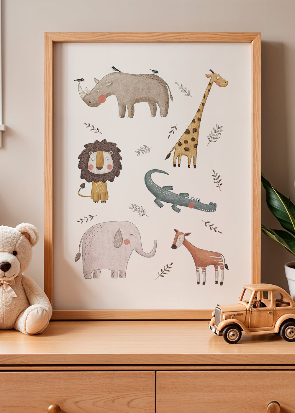 Børneplakat med blide safari-dyr