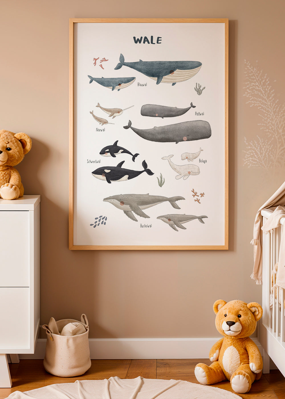 Børneplakat med hvaler i akvarel