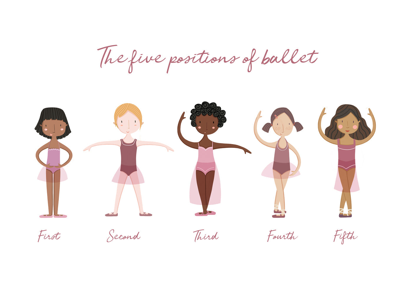 Illustration fem balletpositioner lilla