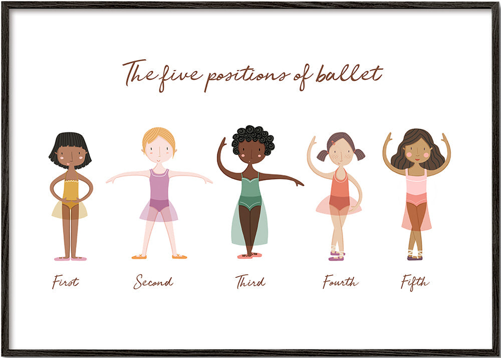 Børneplakat: fem balletpositioner legeslående illustration
