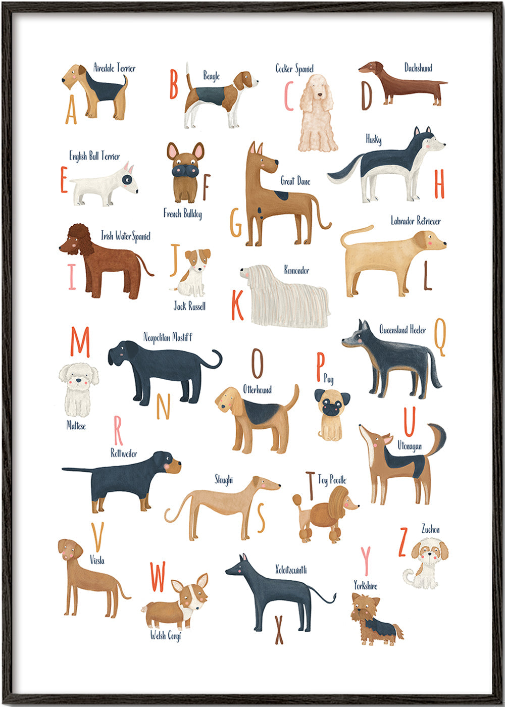 Børneplakat Hundebogstaver illustreret