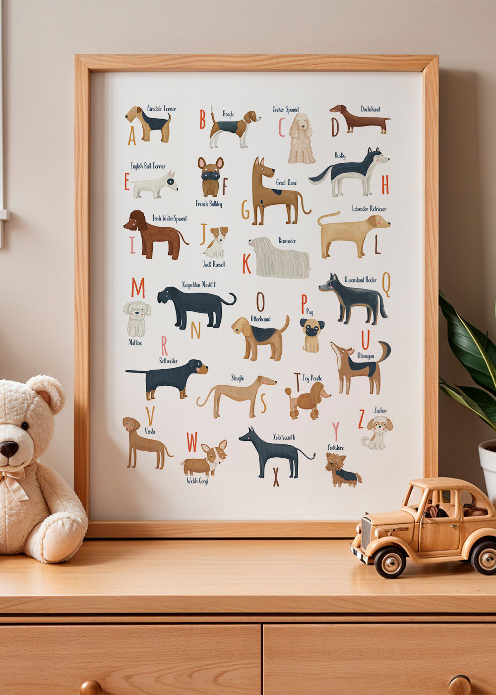 Børneplakat Hundebogstaver illustreret