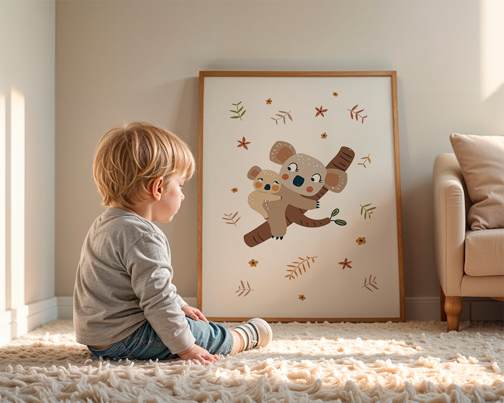 Børneplakat med koala-mor og baby