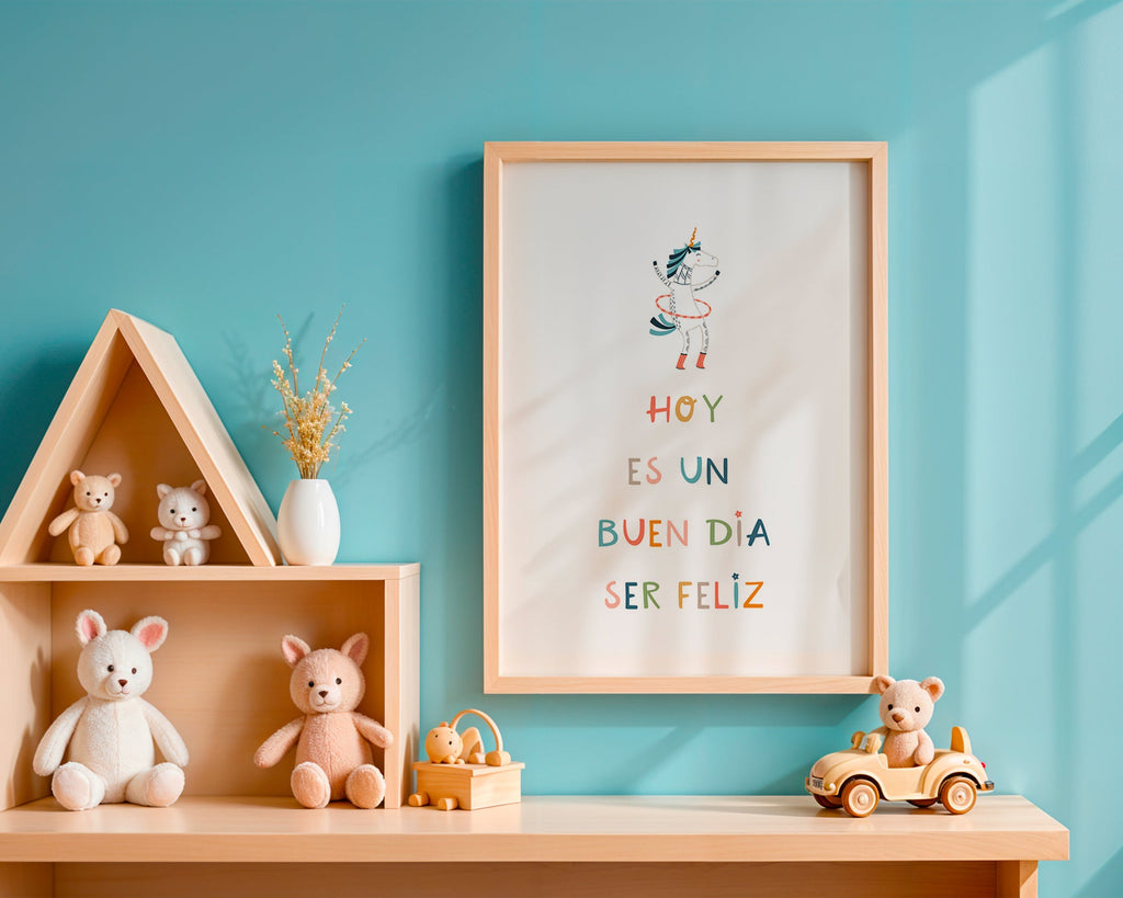 Børneplakat med enhjørning og typografisk budskab