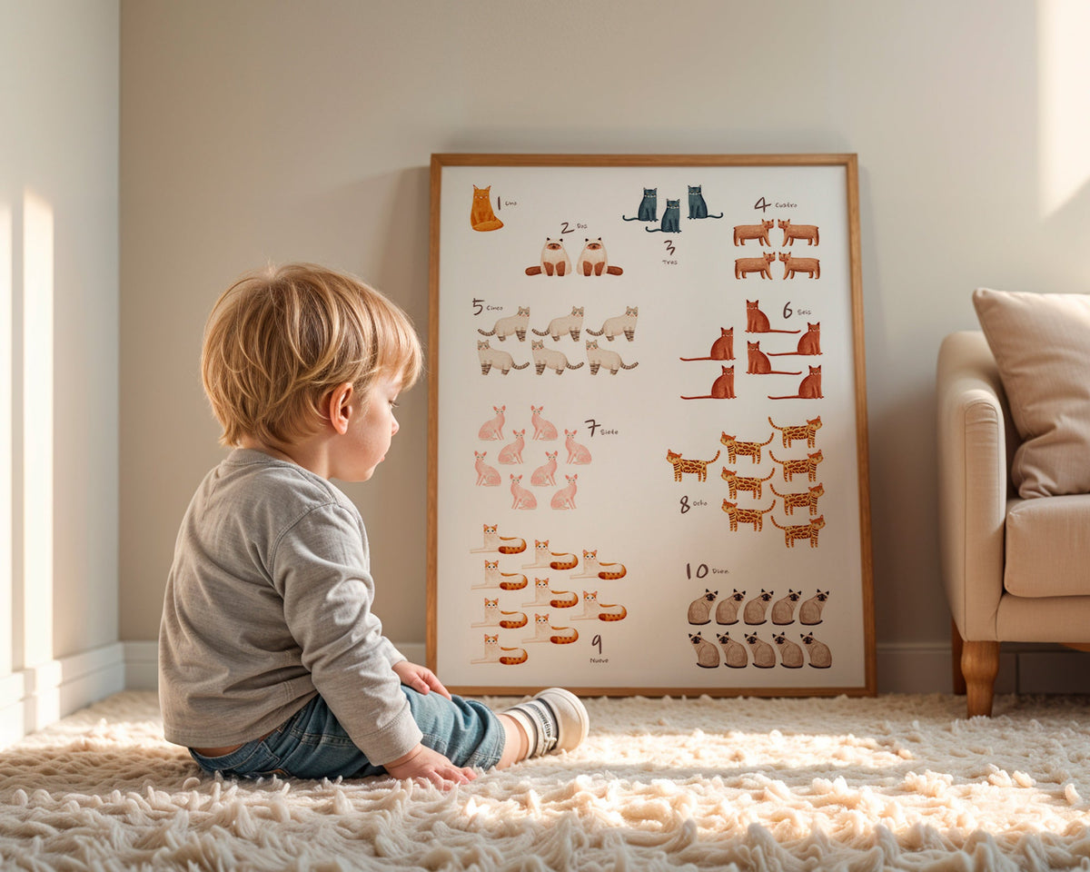 Børneplakat med tal og legesyge katte