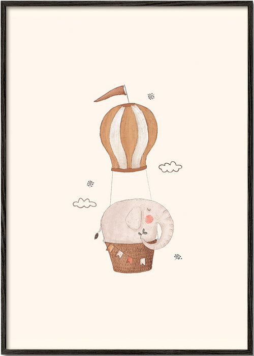 Børneplakat elefant i varmluftballon