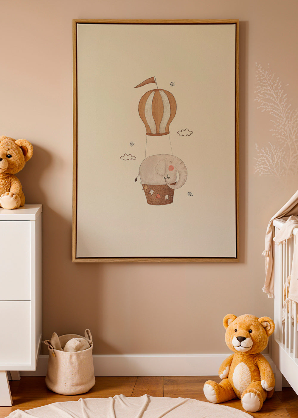 Børneplakat elefant i varmluftballon