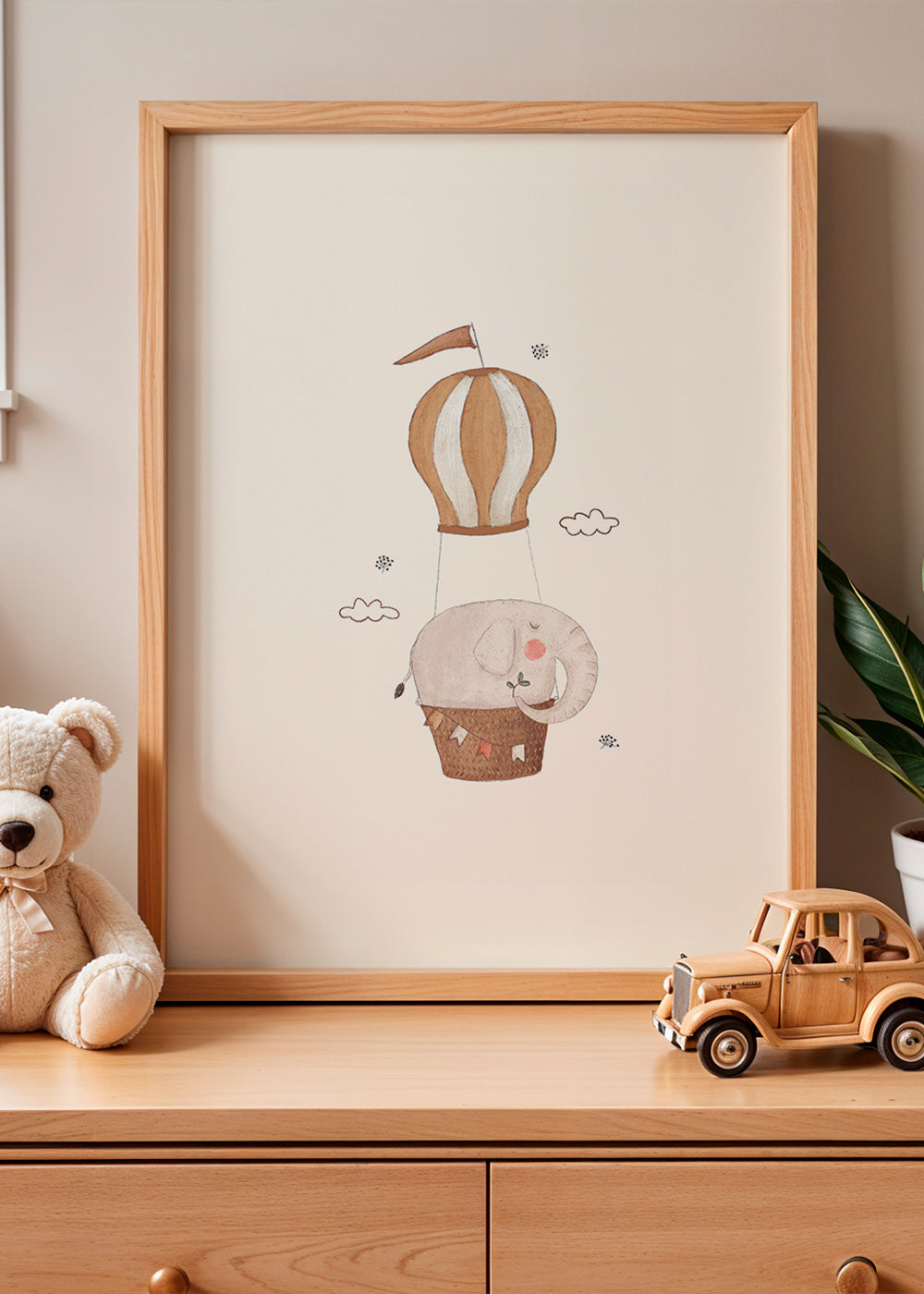 Børneplakat elefant i varmluftballon