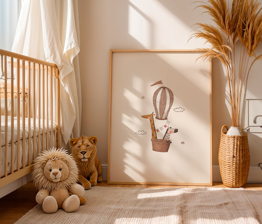 Børneplakat: giraf og elefant i luftballon