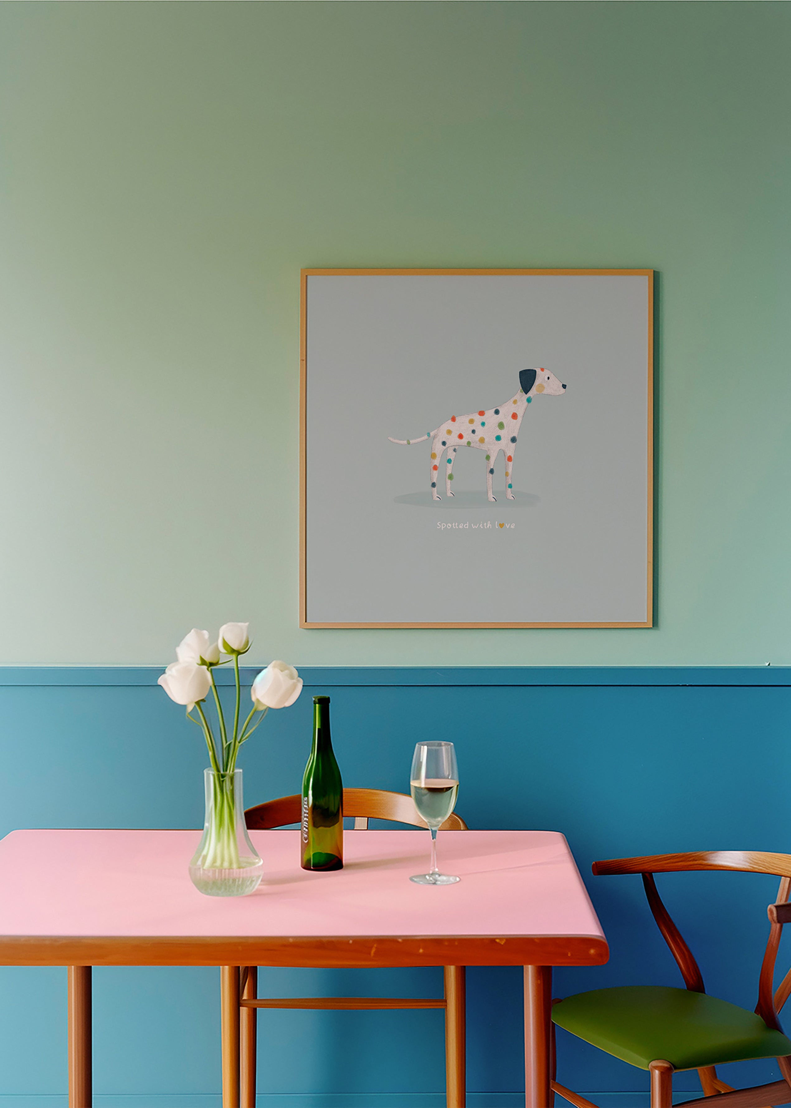 Dalmatiner-illustration med farvede prikker