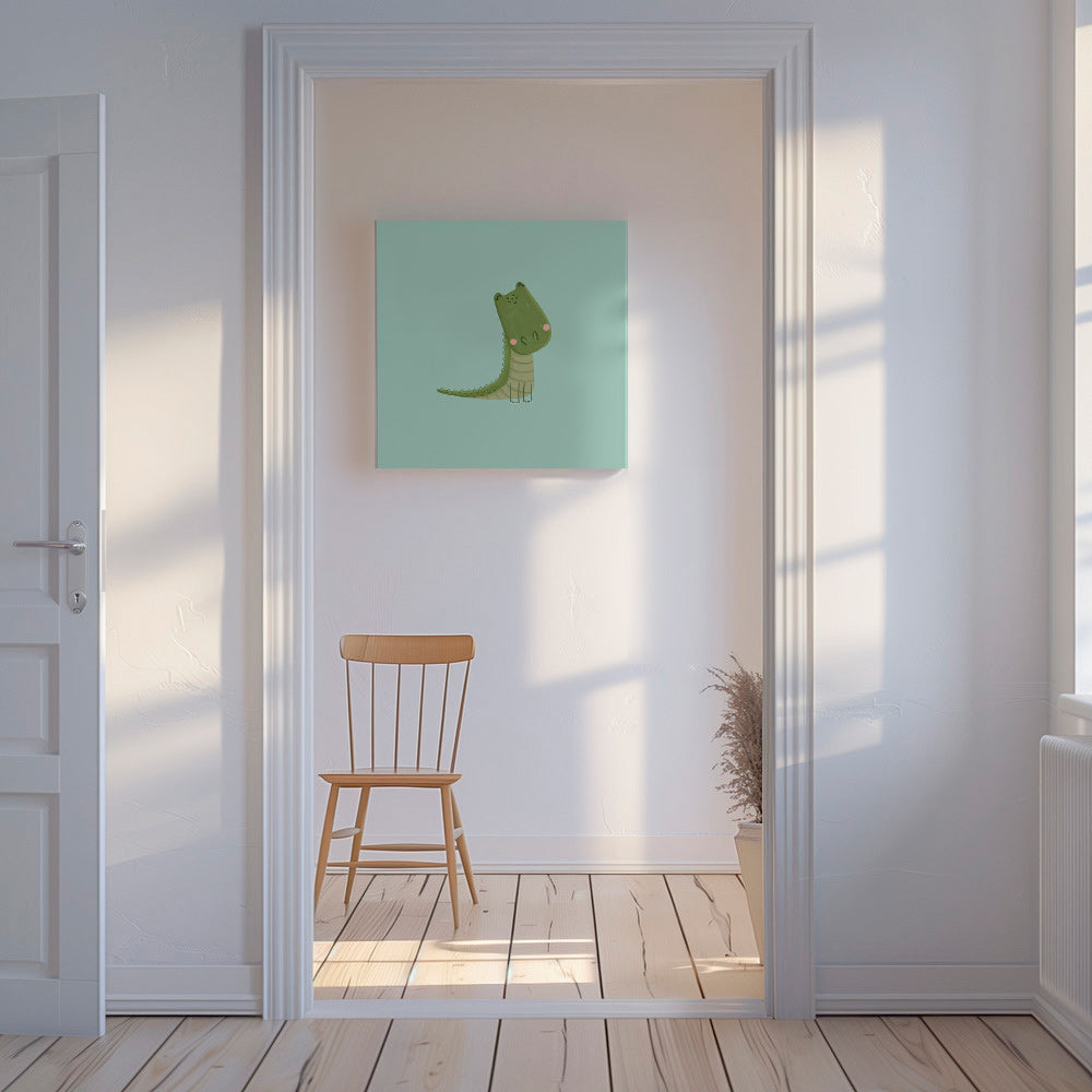 Børneplakat smilende krokodille på myntebaggrund