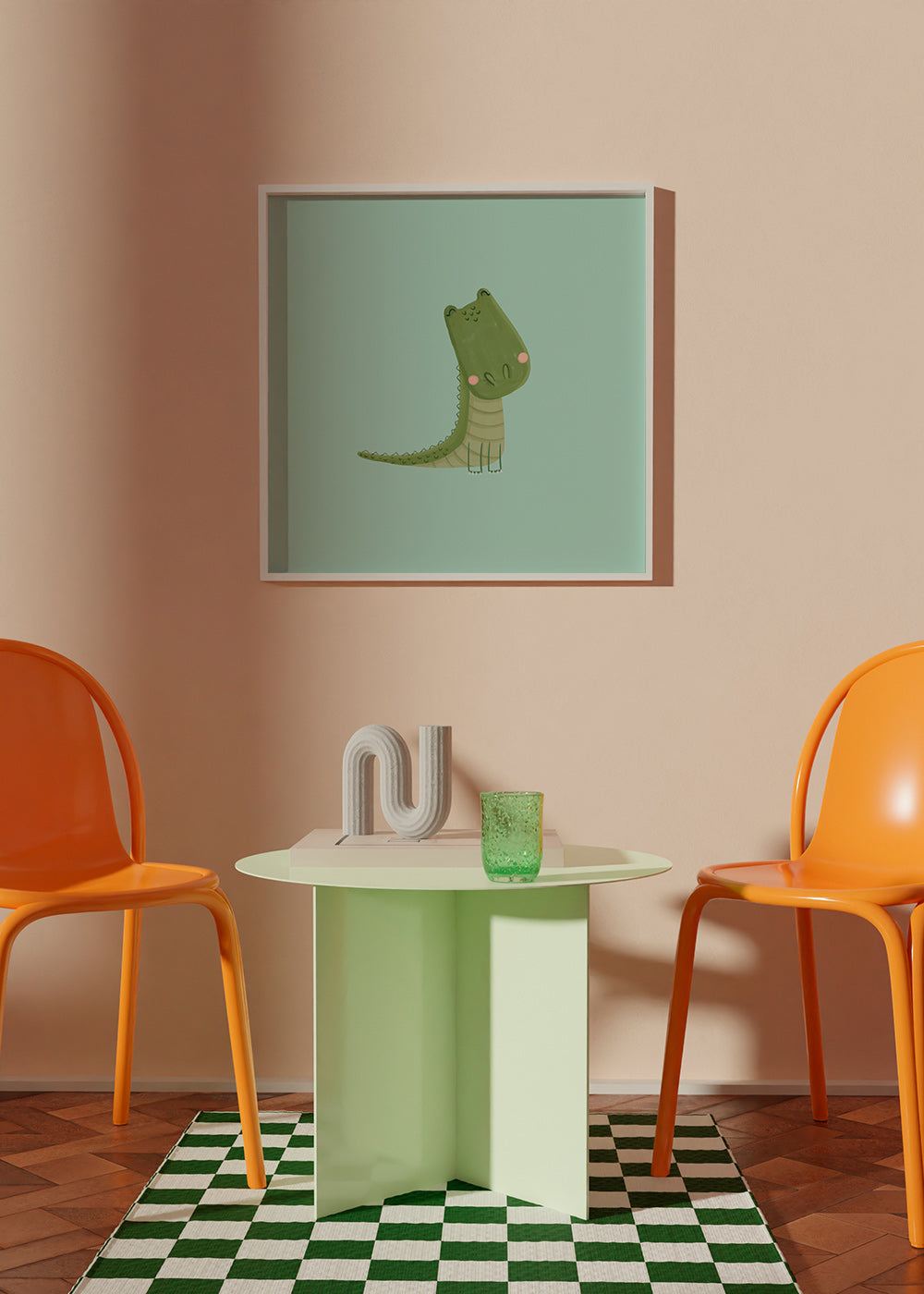 Børneplakat smilende krokodille på myntebaggrund