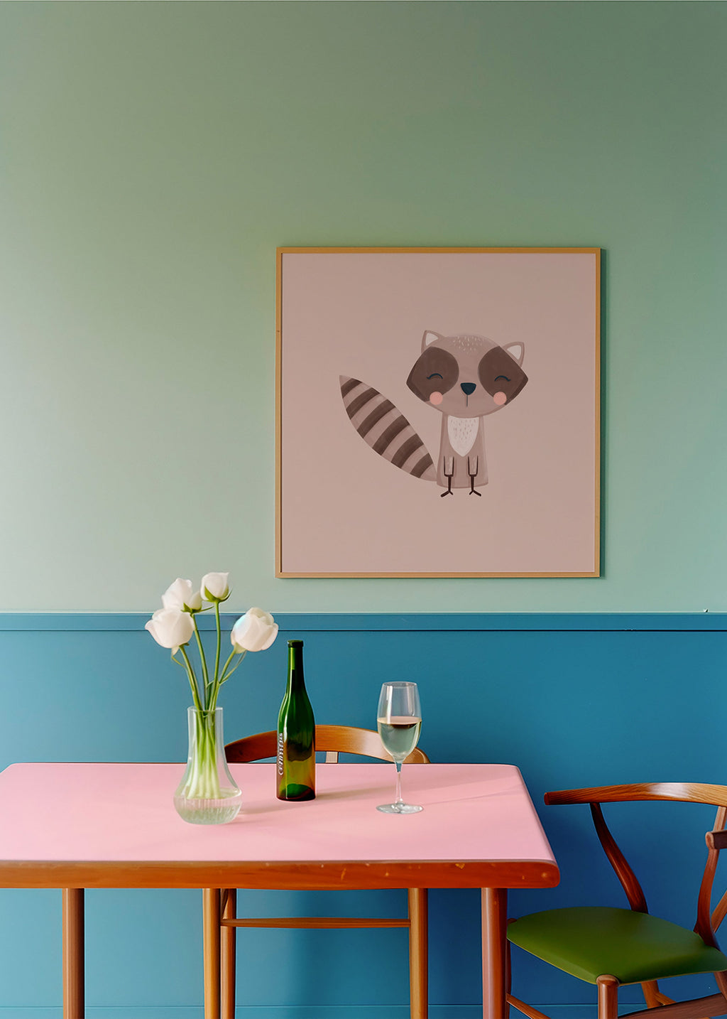 Børneplakat: smilende vaskebjørn på beige baggrund