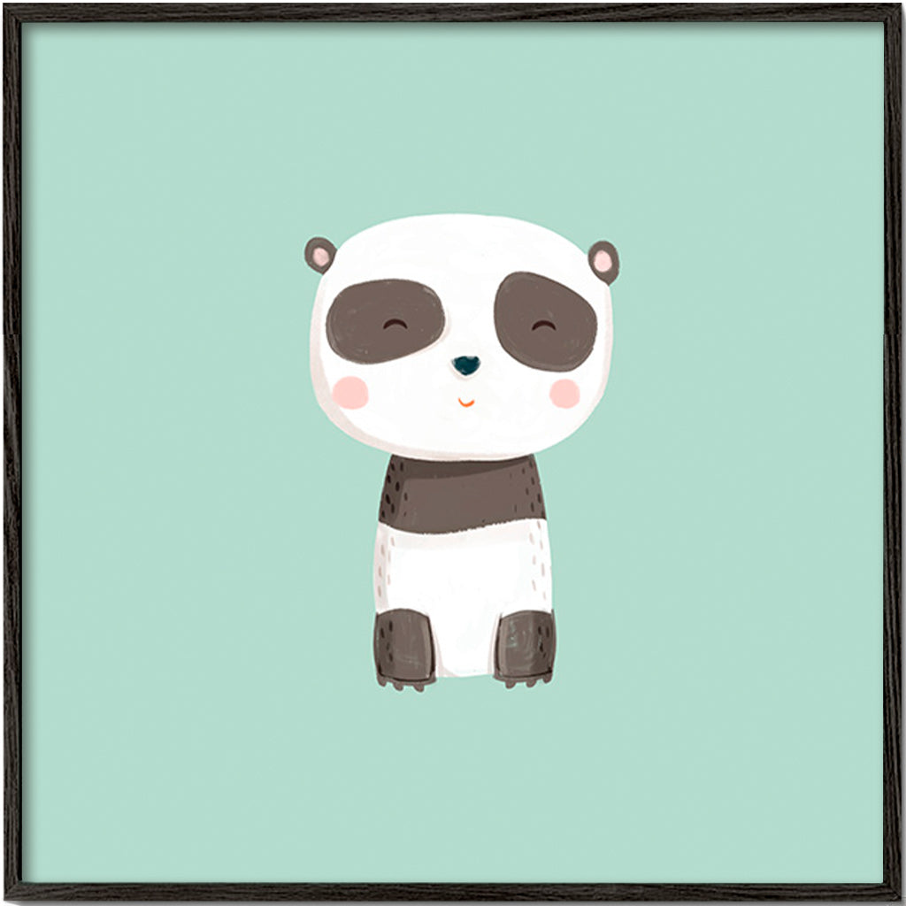 Børneplakat med smilende panda på mintgrøn baggrund