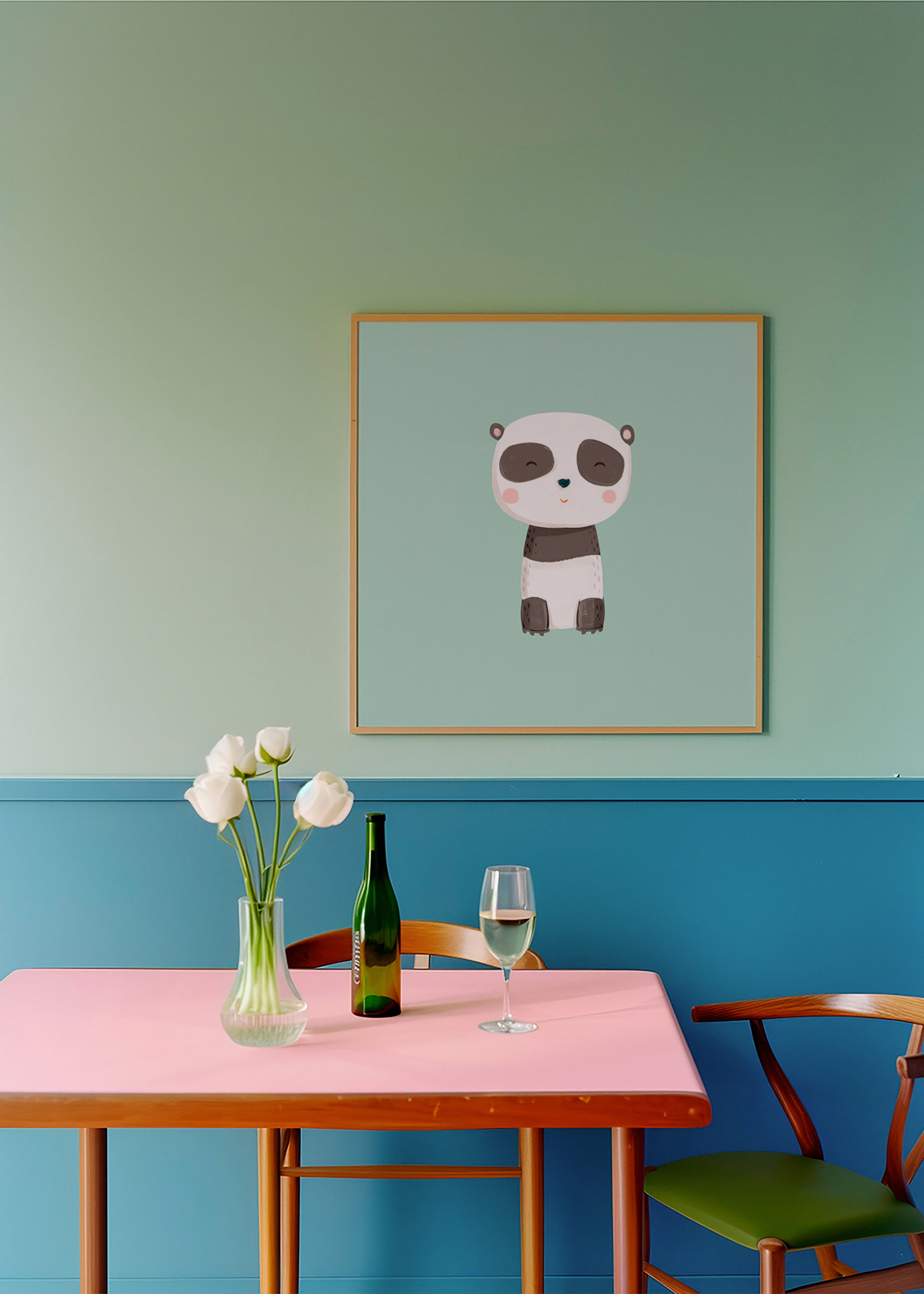 Børneplakat med smilende panda på mintgrøn baggrund
