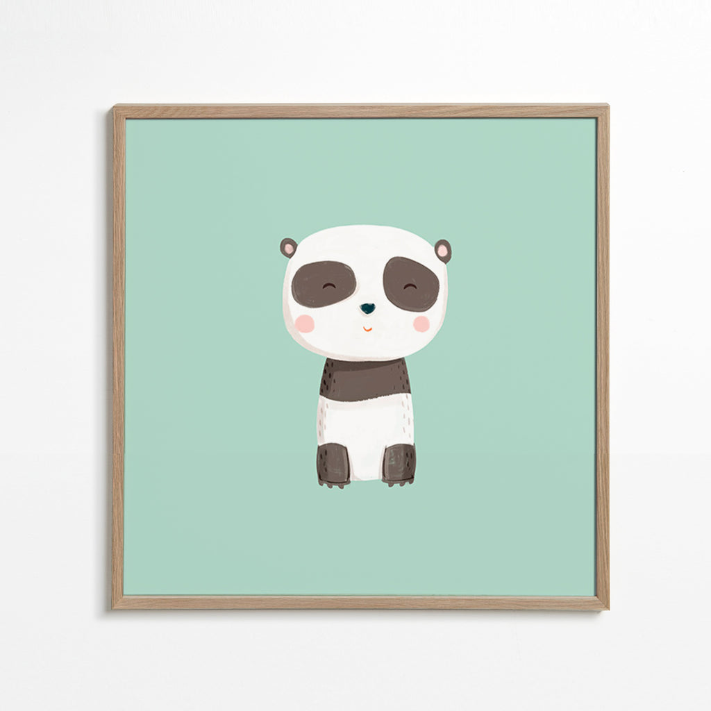 Børneplakat med smilende panda på mintgrøn baggrund