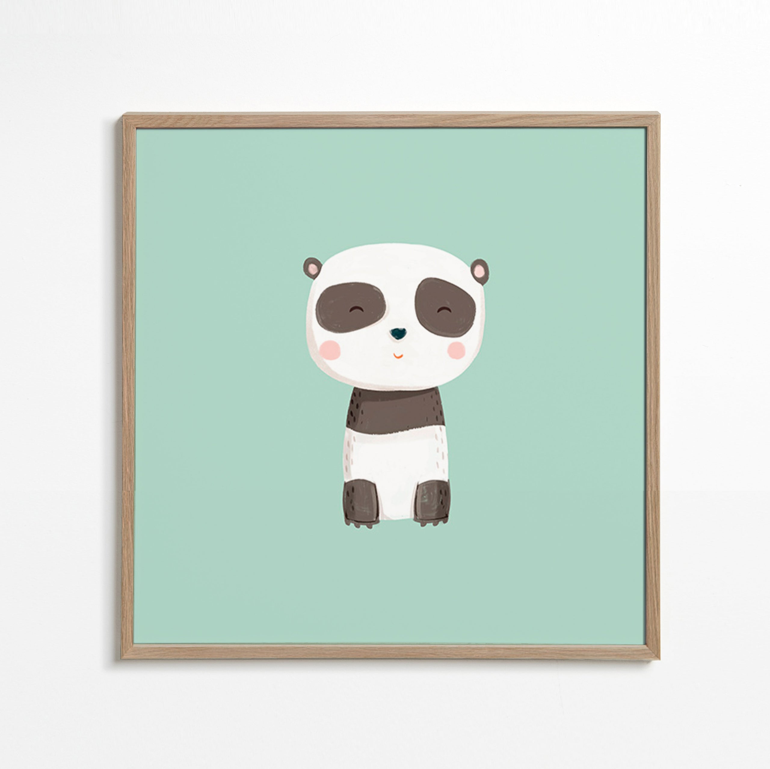 Børneplakat med smilende panda på mintgrøn baggrund