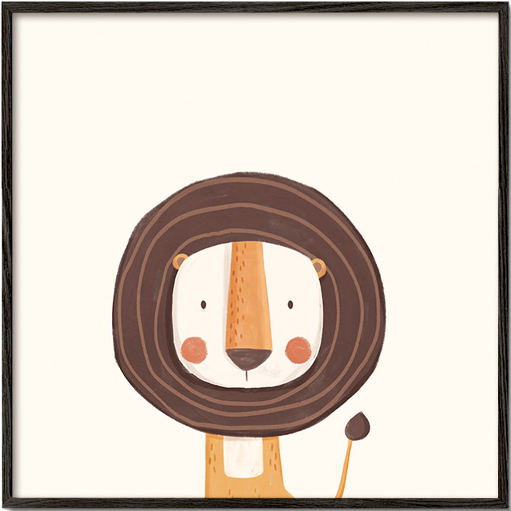 Børneplakat med smilende løve i minimalistisk design