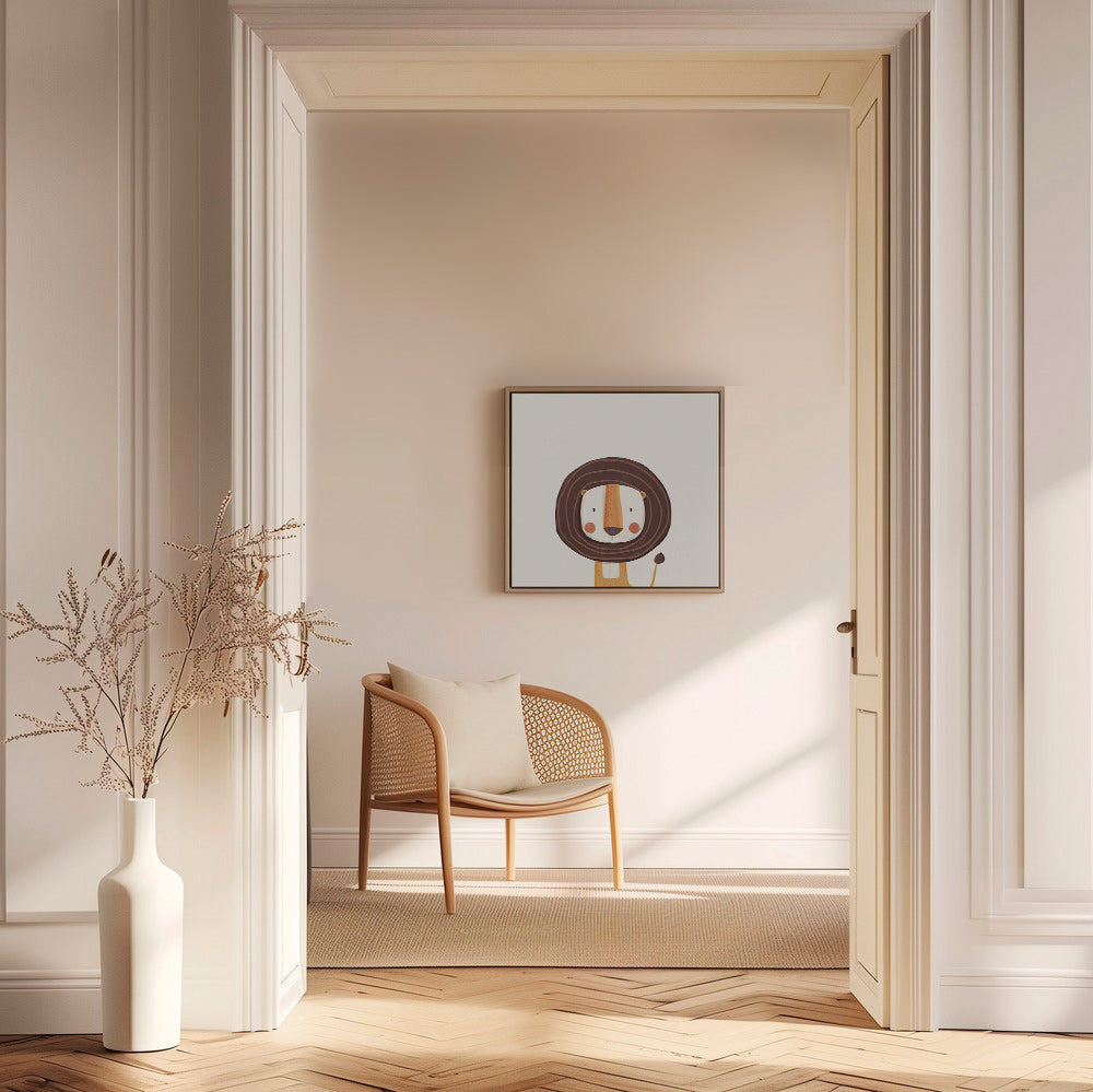 Børneplakat med smilende løve i minimalistisk design