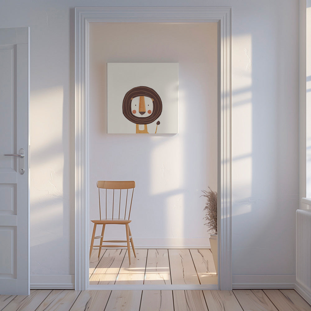 Børneplakat med smilende løve i minimalistisk design