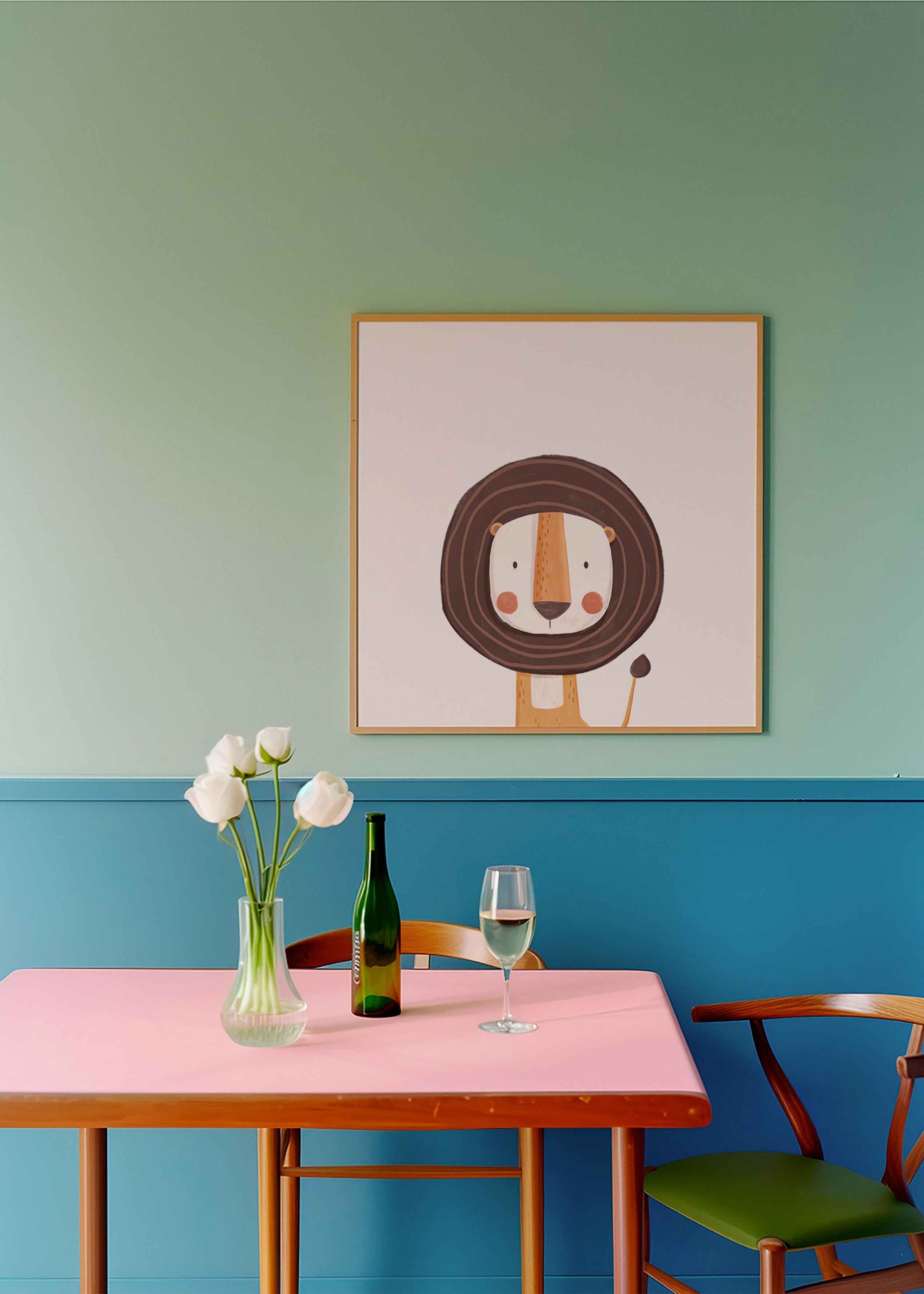 Børneplakat med smilende løve i minimalistisk design