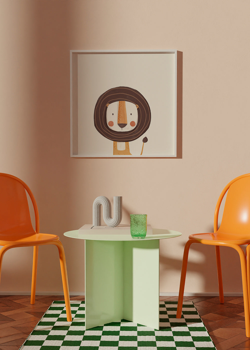 Børneplakat med smilende løve i minimalistisk design