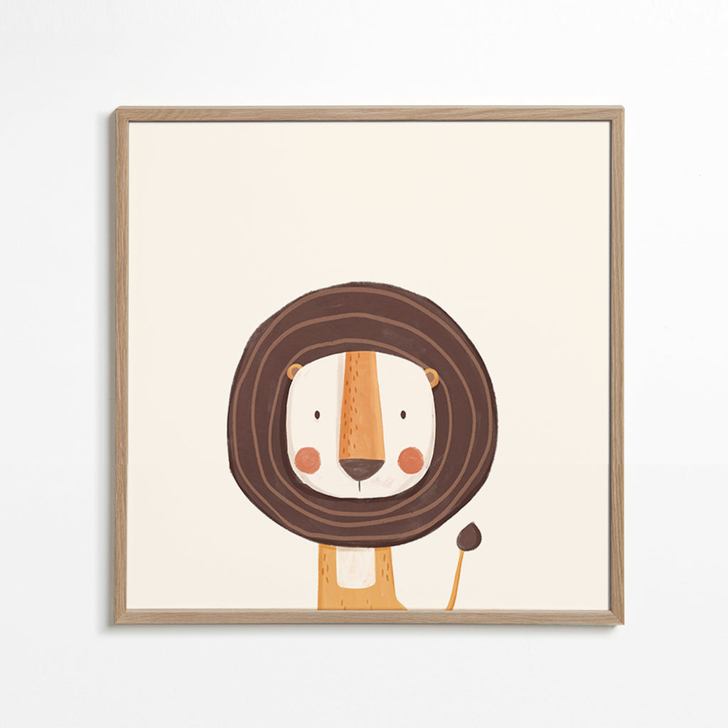 Børneplakat med smilende løve i minimalistisk design