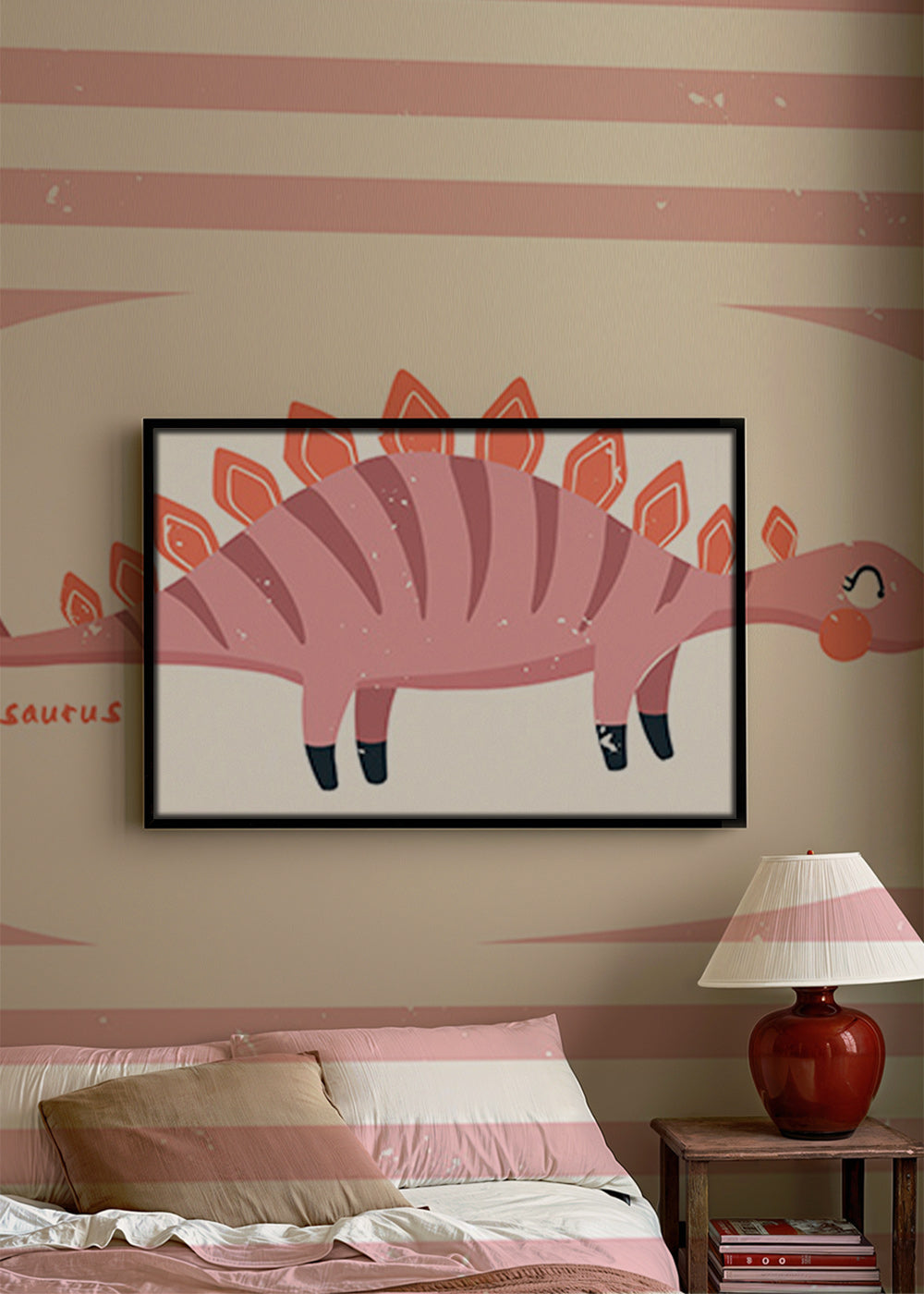 Børneplakat Stegosaurus på pastelfarvede striber