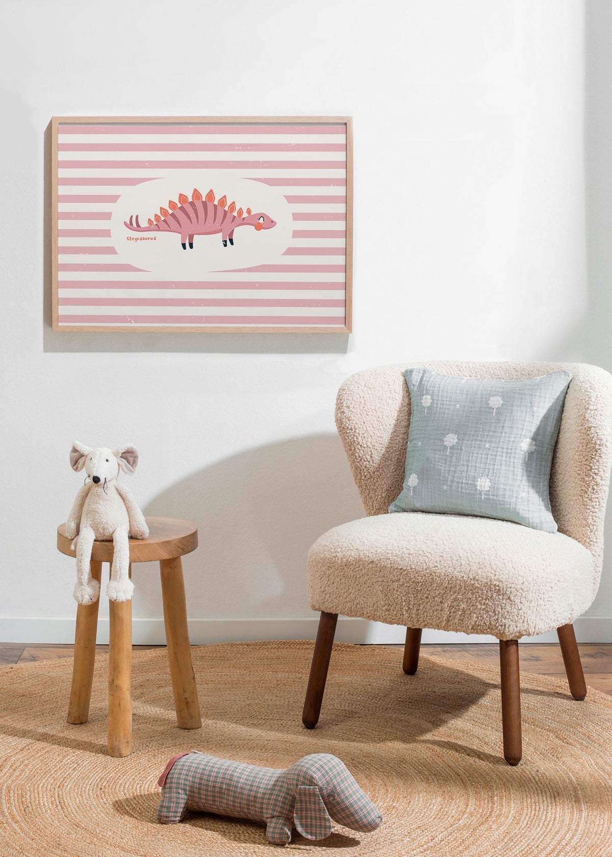Børneplakat Stegosaurus på pastelfarvede striber
