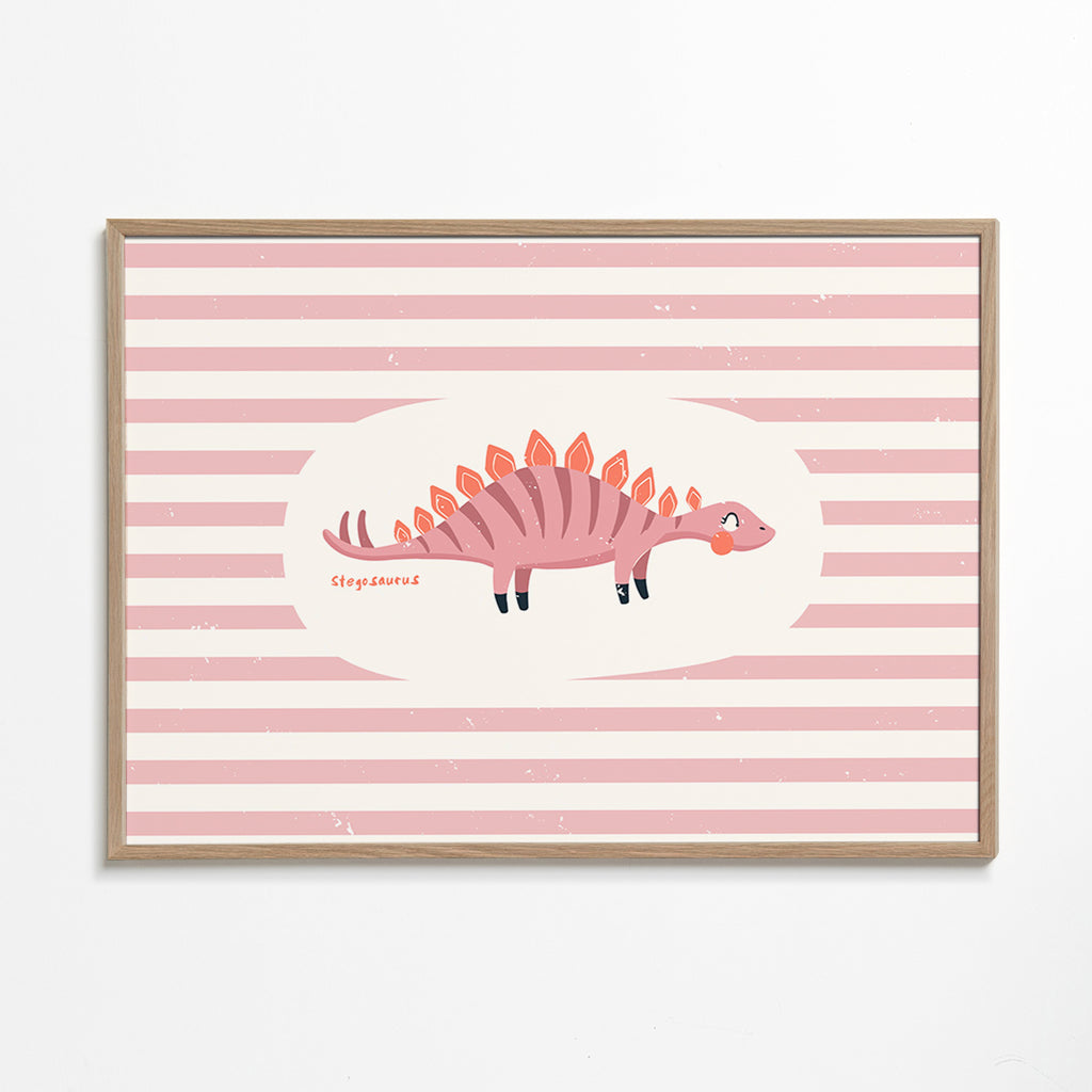 Børneplakat Stegosaurus på pastelfarvede striber