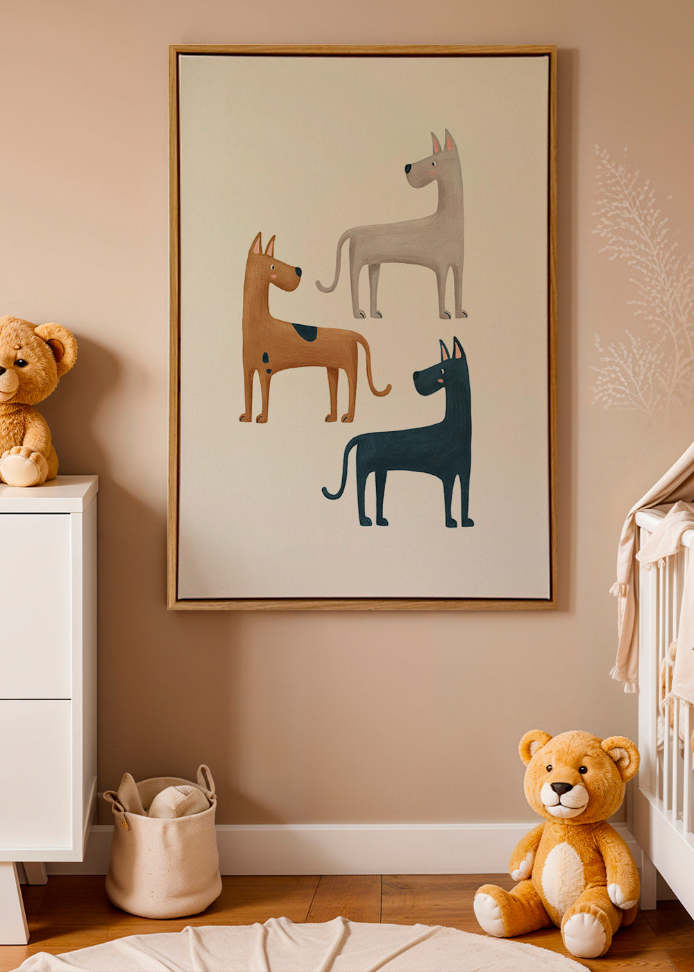 Billede med tre illustrerede hunde