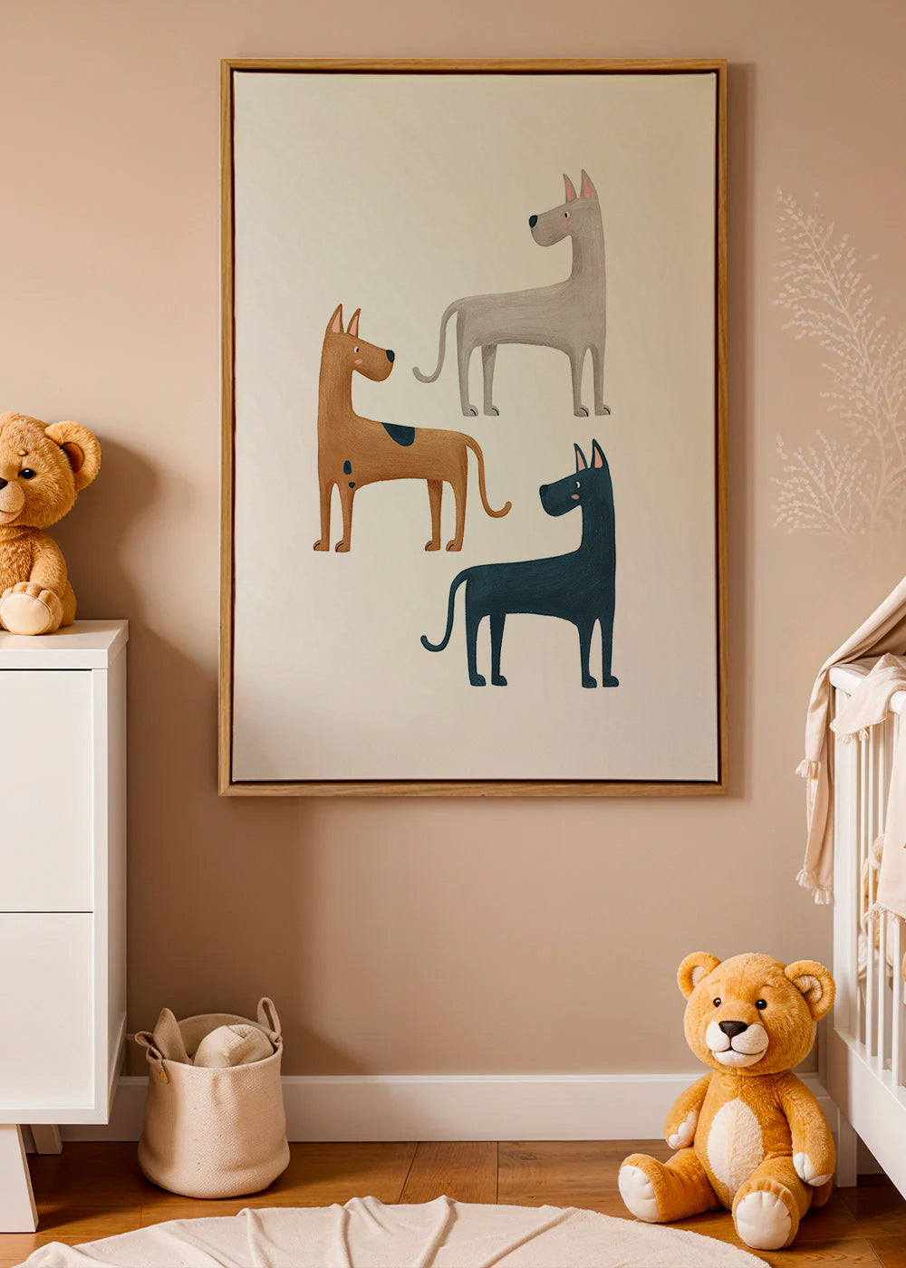 Billede med tre illustrerede hunde