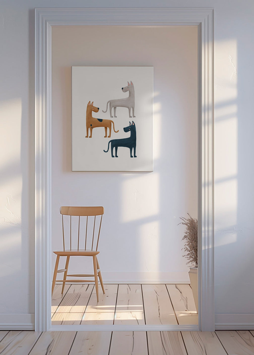 Billede med tre illustrerede hunde