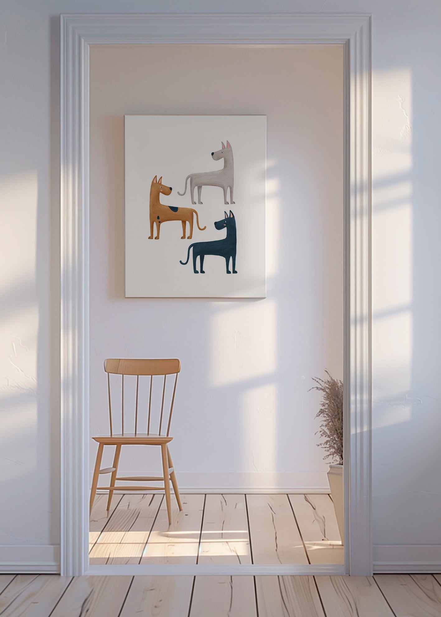 Billede med tre illustrerede hunde