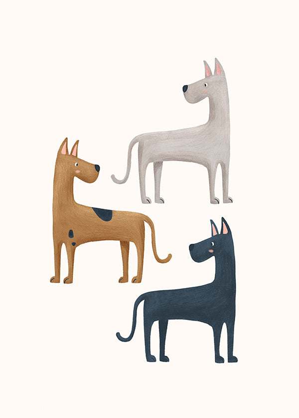 Billede med tre illustrerede hunde