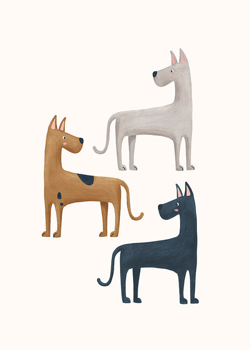 Billede med tre illustrerede hunde