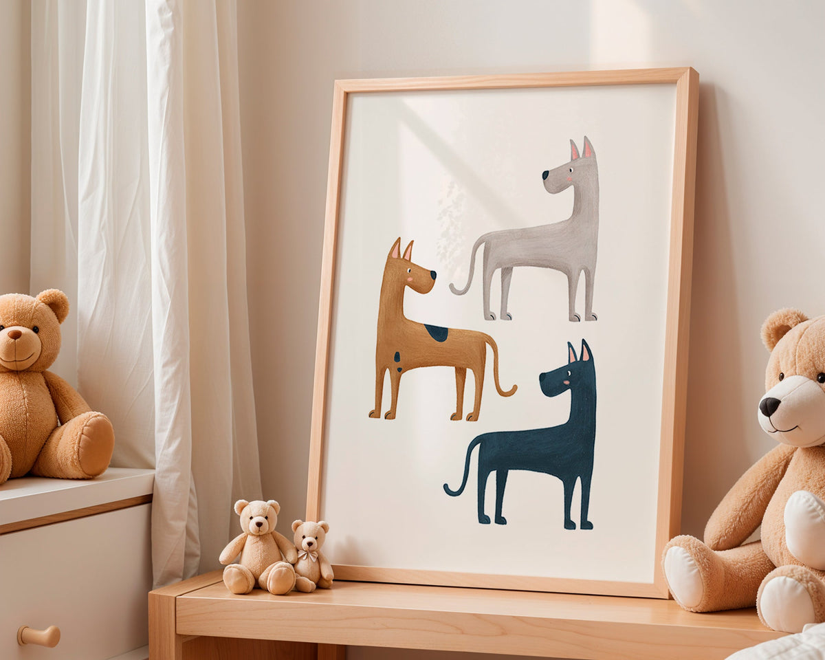 Billede med tre illustrerede hunde