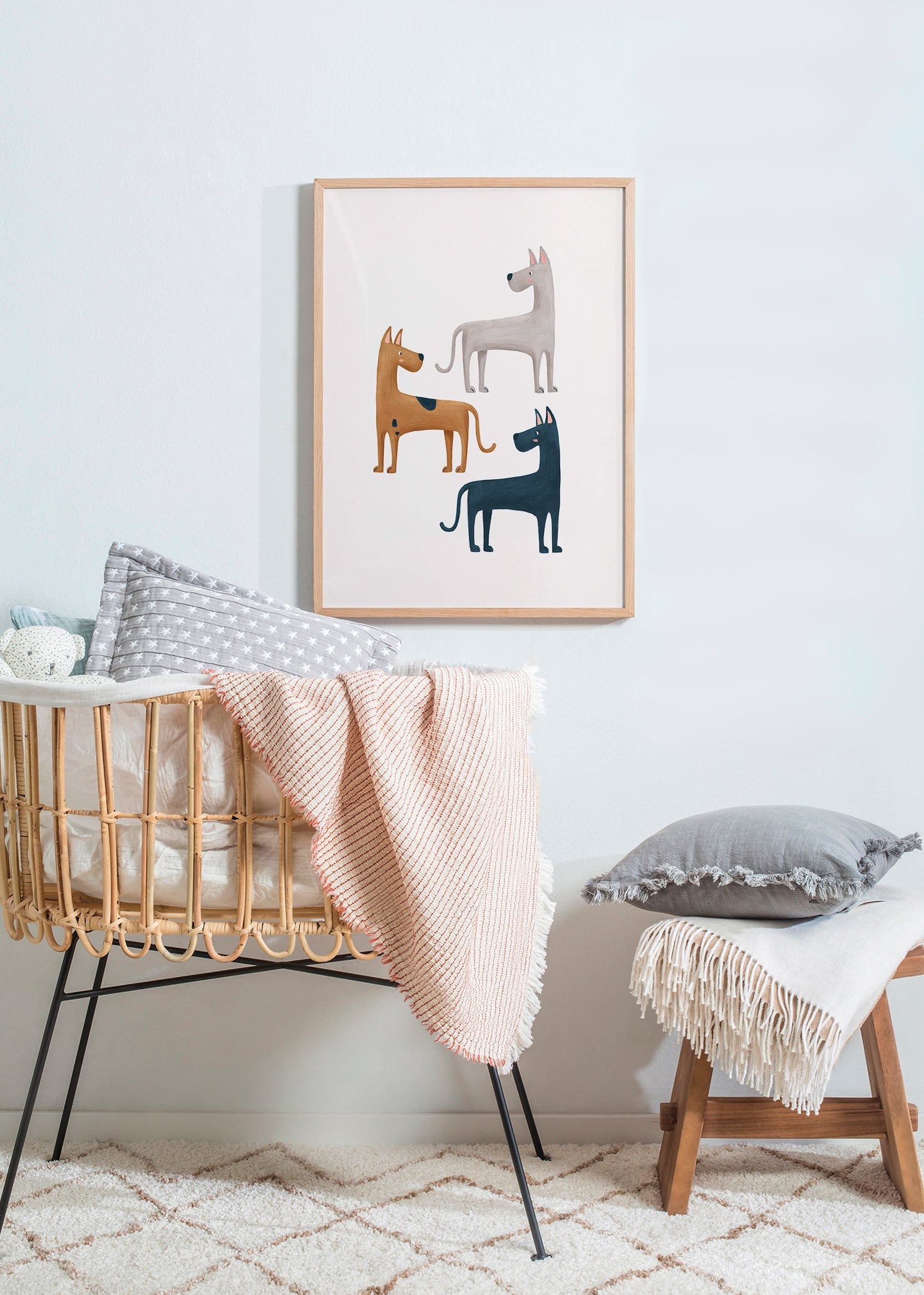 Billede med tre illustrerede hunde