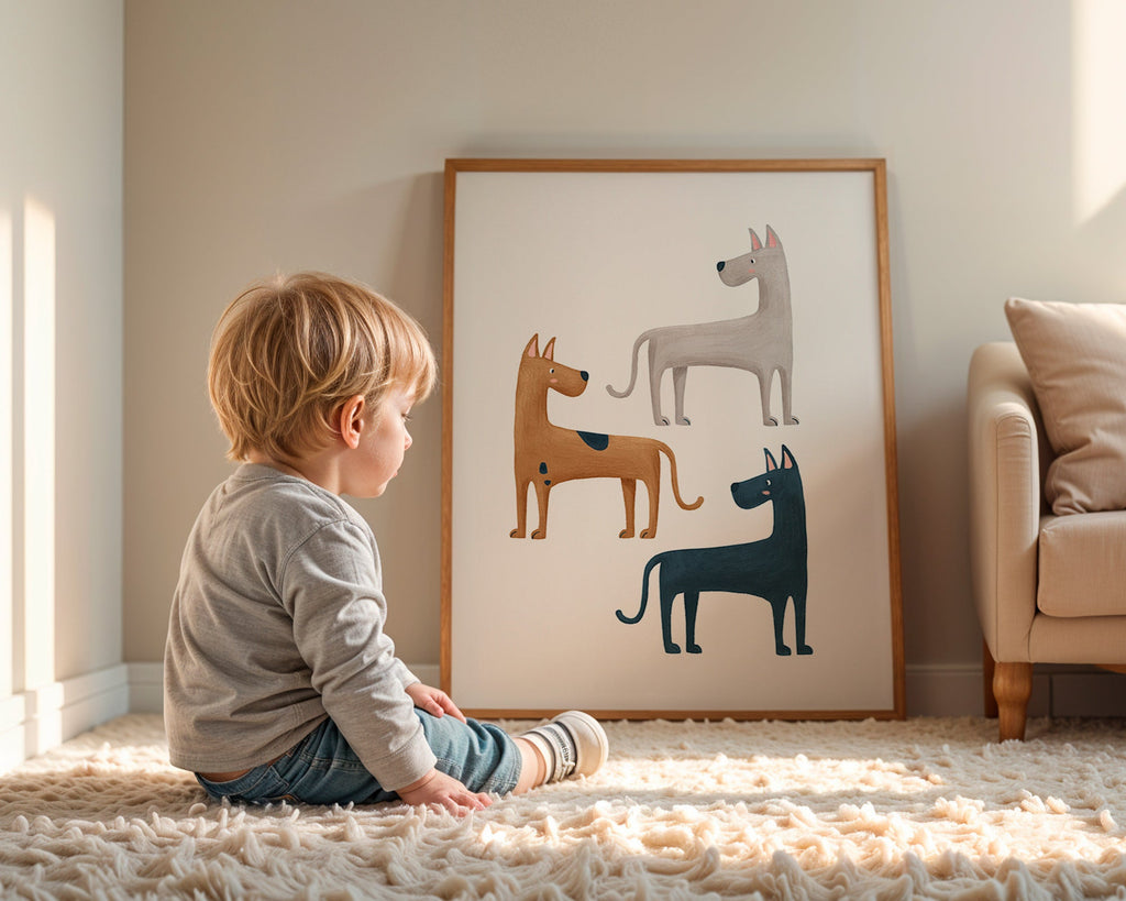 Billede med tre illustrerede hunde