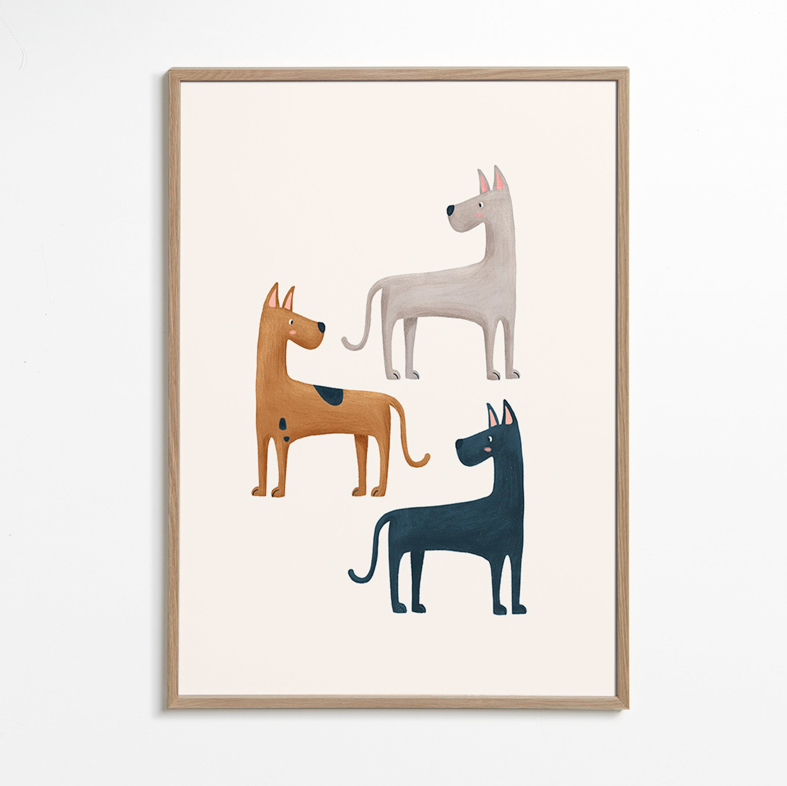 Billede med tre illustrerede hunde