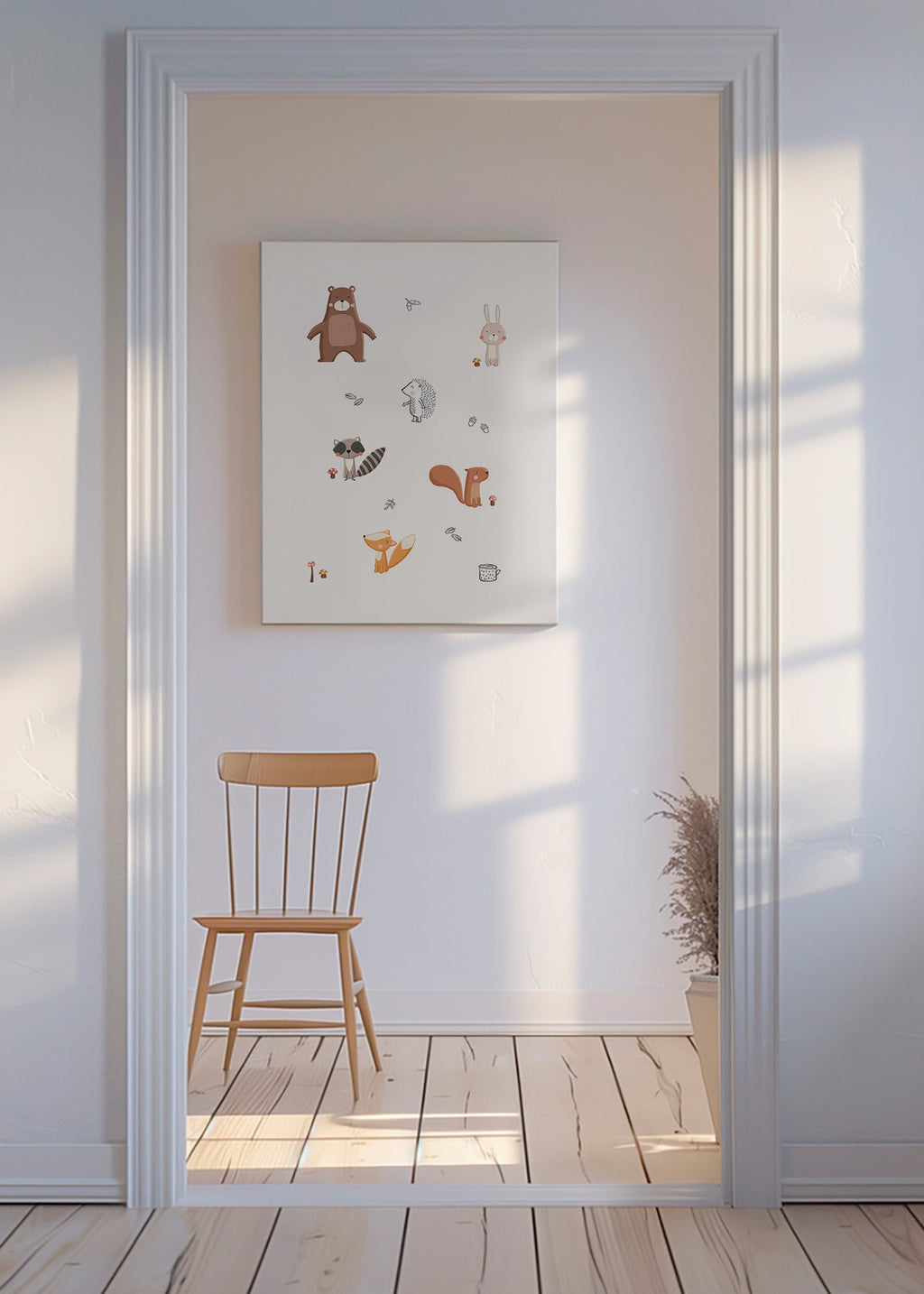 Børneplakat skovvenner i bløde pastelfarver