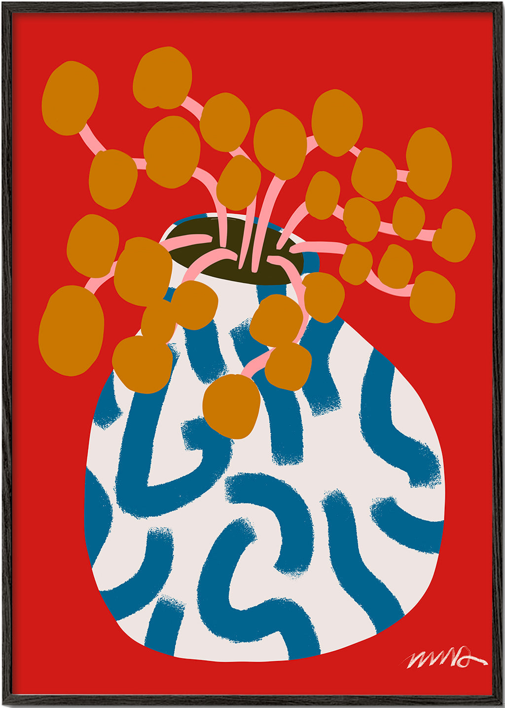 Botanisk plakat med vase og gyldne blomster