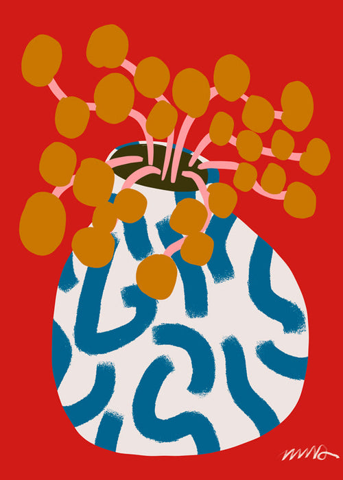 Botanisk plakat med vase og gyldne blomster