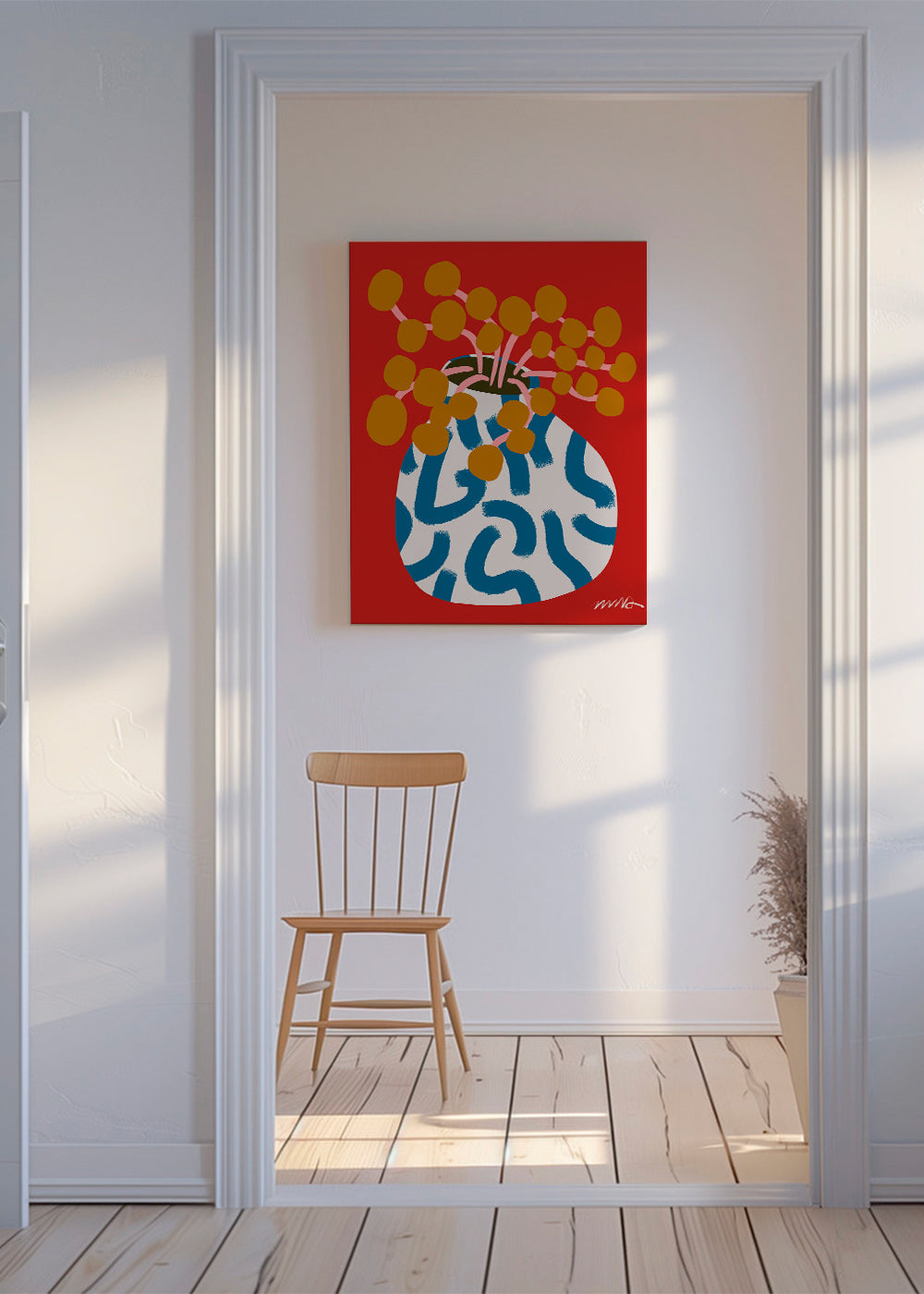Botanisk plakat med vase og gyldne blomster