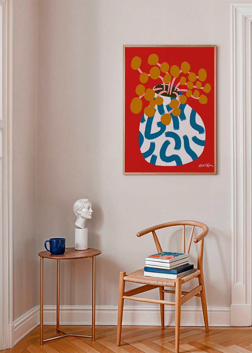 Botanisk plakat med vase og gyldne blomster
