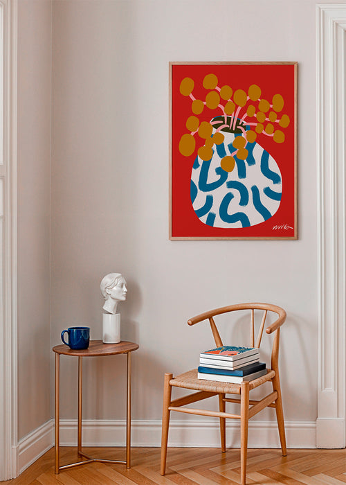 Botanisk plakat med vase og gyldne blomster