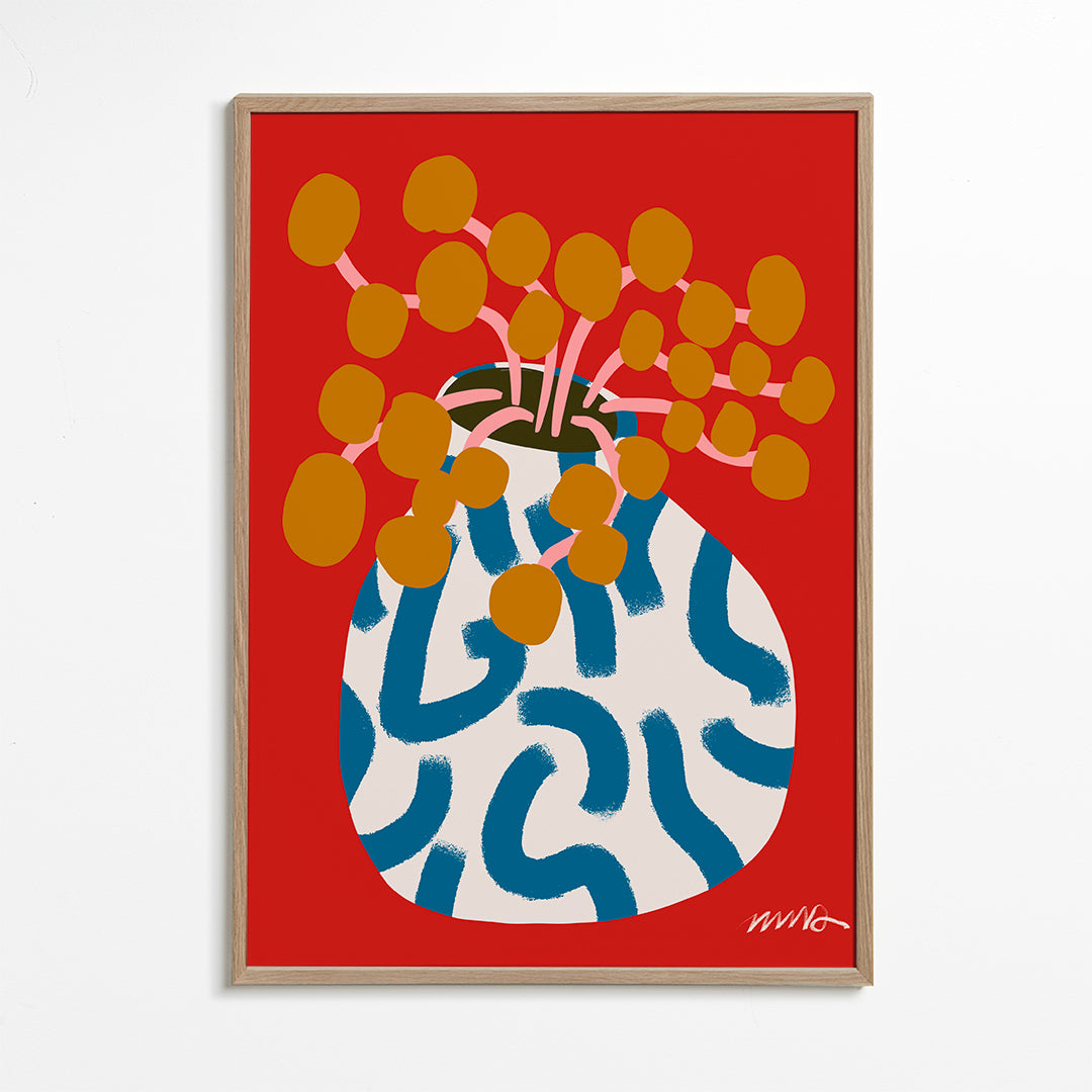 Botanisk plakat med vase og gyldne blomster