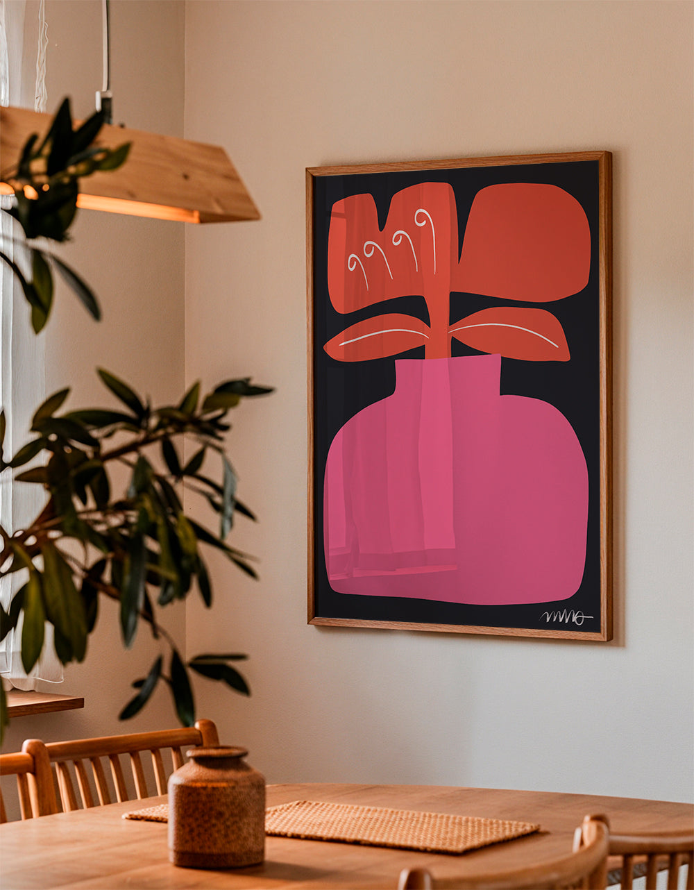 Botanisk plakat rosa styliseret blomst