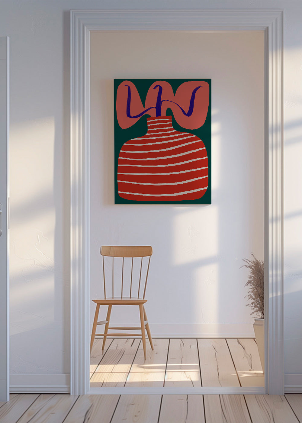 Botanisk plakat med stribet rød vase